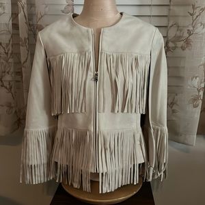 NEW!  BCBG MAXAZRIA “Jonah” Sleeveless Fringed Caped Jacket in color Canvas